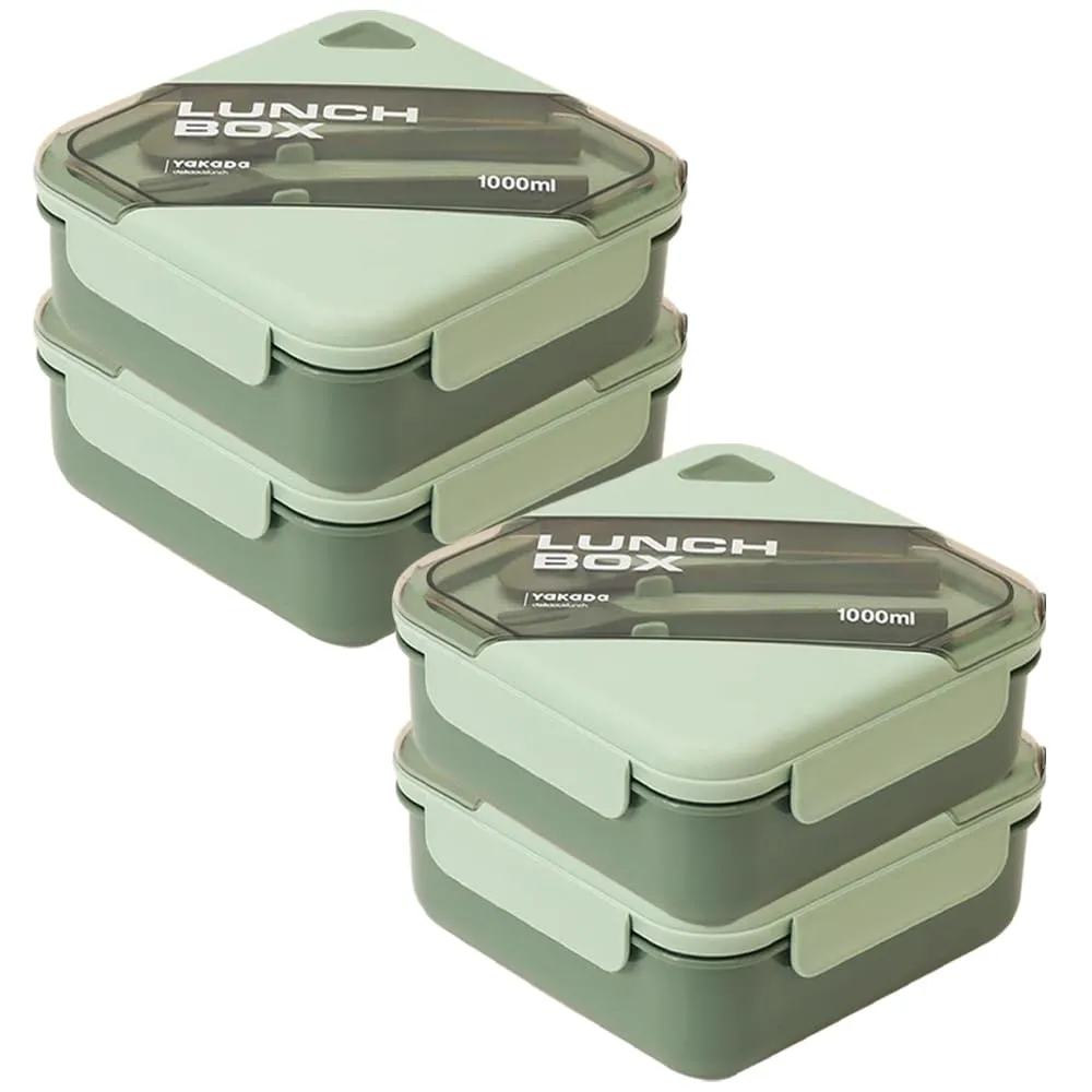 Kuber Industries Insulated Lunch Box for Kids & Adults|Premium Food-Grade PP Plastic|Leakproof & Spill Proof|Dishwasher & Microwave Safe Lunch Box|1000 ML|HX0044281|Pack of 4|Green