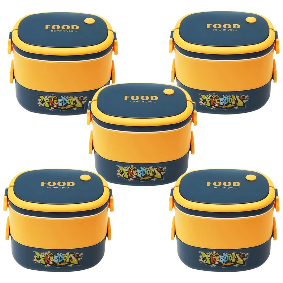 Kuber Industries Insulated Lunch Box with 2 Compartments|100% BPA Free, Food Grade ABS Plastic|Leakproof & Spill Proof|Dishwasher & Microwave Safe Lunch Box|1450 ML|HX0043341|Pack of 5|Yellow & Blue