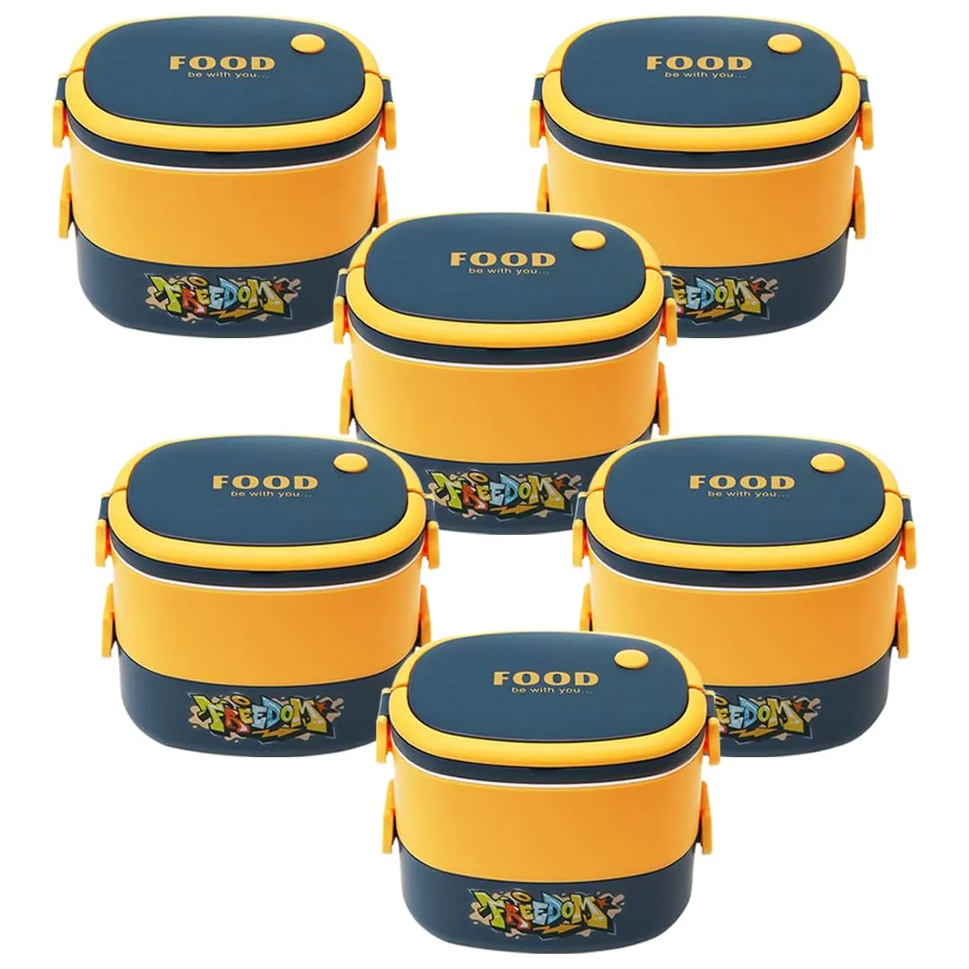 Kuber Industries Insulated Lunch Box with 2 Compartments|100% BPA Free, Food Grade ABS Plastic|Leakproof & Spill Proof|Dishwasher & Microwave Safe Lunch Box|1450 ML|HX0043343|Pack of 6|Yellow & Blue