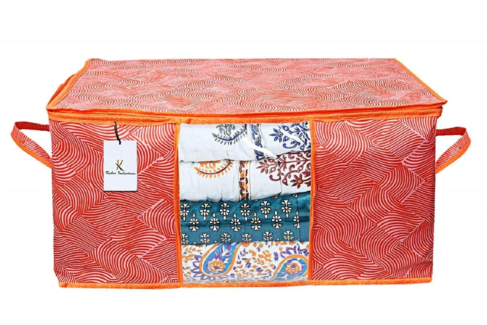 Kuber Industries Laheriya Printed Non Woven 4 Pieces Saree Cover and 4 Pieces Underbed Storage Bag, Cloth Organizer for Storage, Blanket Cover Combo Set (Orange) -CTKTC038698