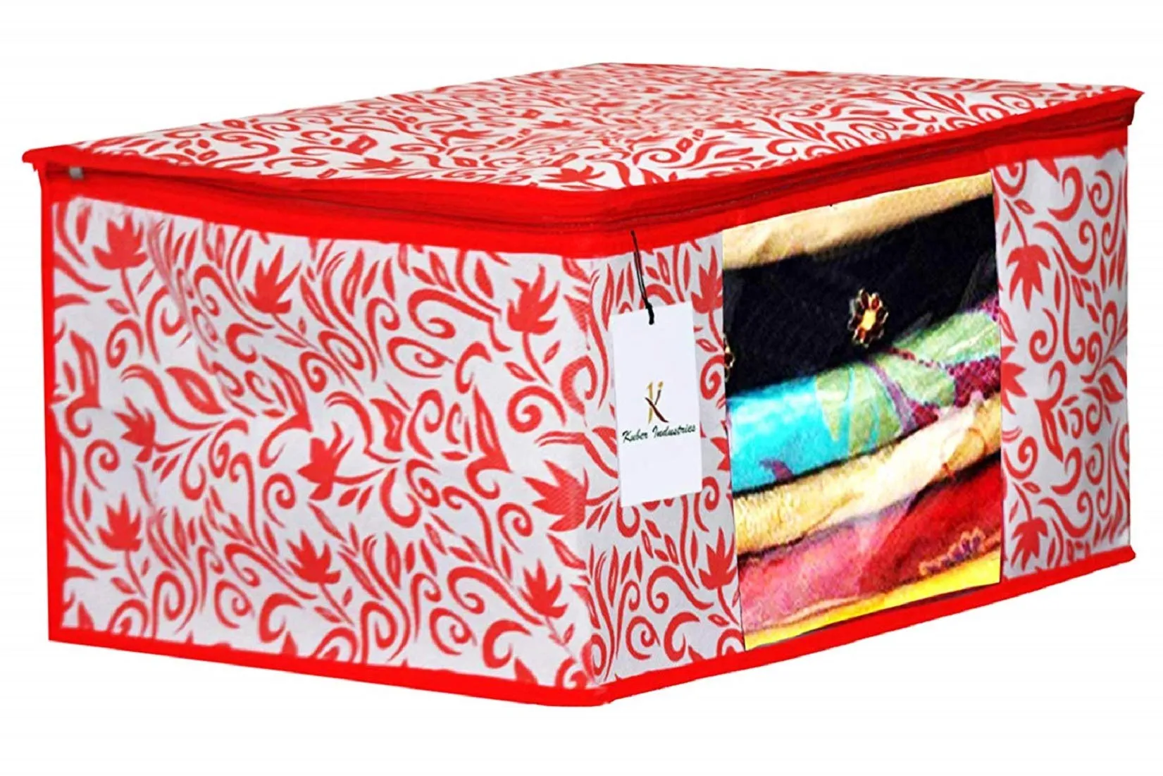 Kuber Industries Leaf Design Non Woven 3 Pieces Saree Cover and 2 Pieces Underbed Storage Bag, Cloth Organizer for Storage, Blanket Cover Combo Set (Red) -CTKTC038670