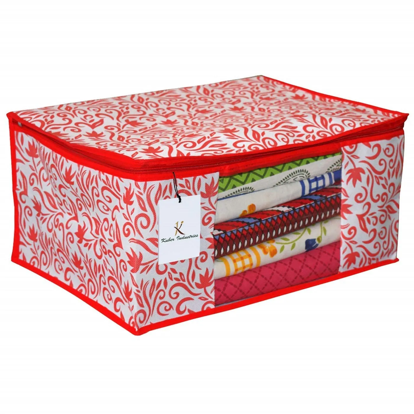 Kuber Industries Leaf Design Non Woven 3 Pieces Saree Cover and 2 Pieces Underbed Storage Bag, Cloth Organizer for Storage, Blanket Cover Combo Set (Red) -CTKTC038670