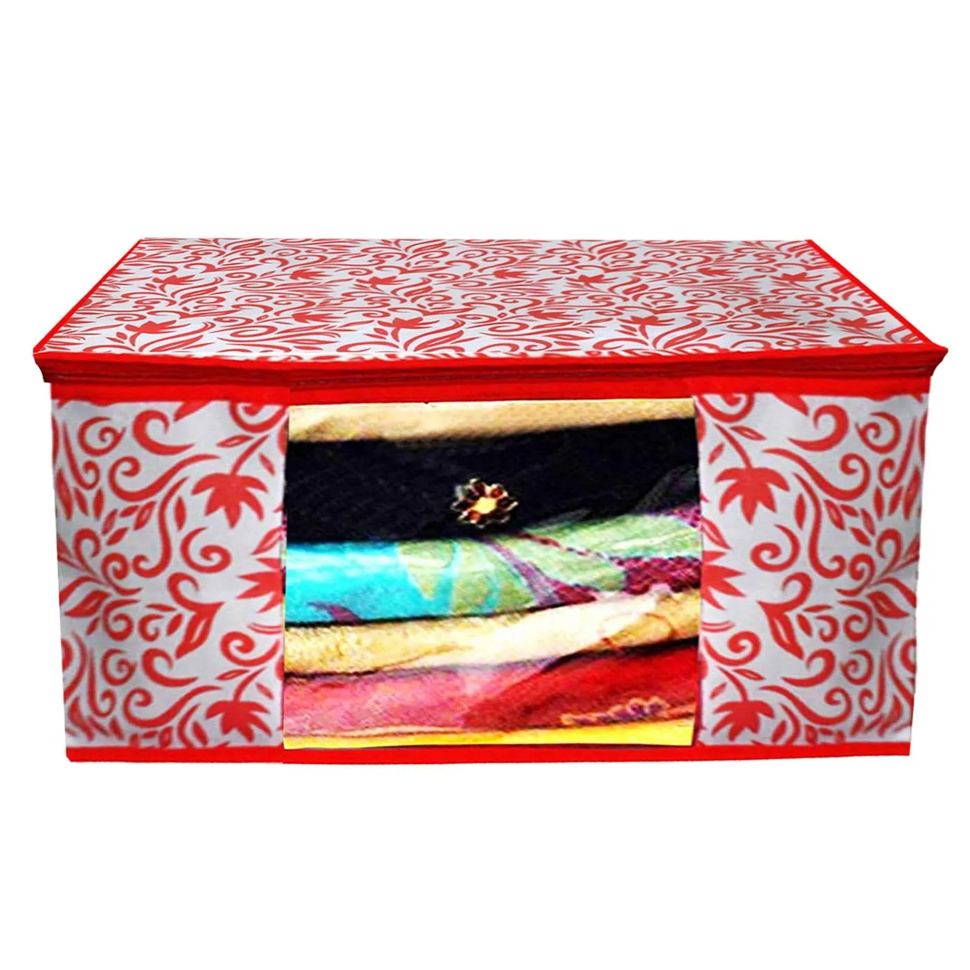 Kuber Industries Leaf Design Non Woven 3 Pieces Saree Cover and 2 Pieces Underbed Storage Bag, Cloth Organizer for Storage, Blanket Cover Combo Set (Red) -CTKTC038670