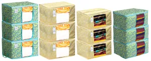 Kuber Industries Metalic Printed 6 Piece Non Woven Saree Cover and 6 Pieces Underbed Storage Bag, Storage Organiser, Blanket Cover, Green & Gold -CTKTC42488