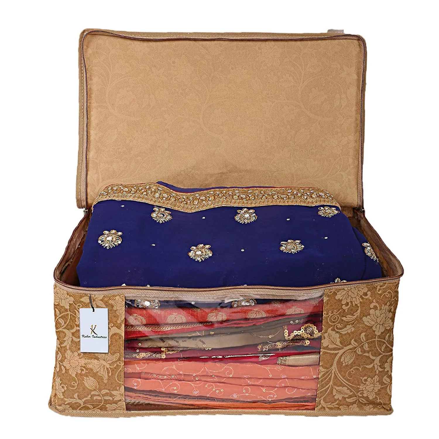 Kuber Industries Metallic Printed Non Woven 4 Pieces Saree Cover and 4 Pieces Underbed Storage Bag, Cloth Organizer for Storage, Blanket Cover Combo Set (Beige) -CTKTC038566