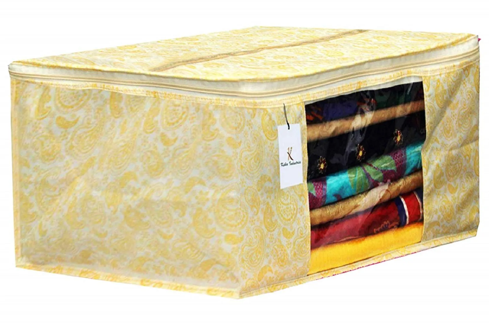 Kuber Industries Metallic Printed Non Woven 4 Pieces Saree Cover and 4 Pieces Underbed Storage Bag, Cloth Organizer for Storage, Blanket Cover Combo Set (Gold) -CTKTC38589