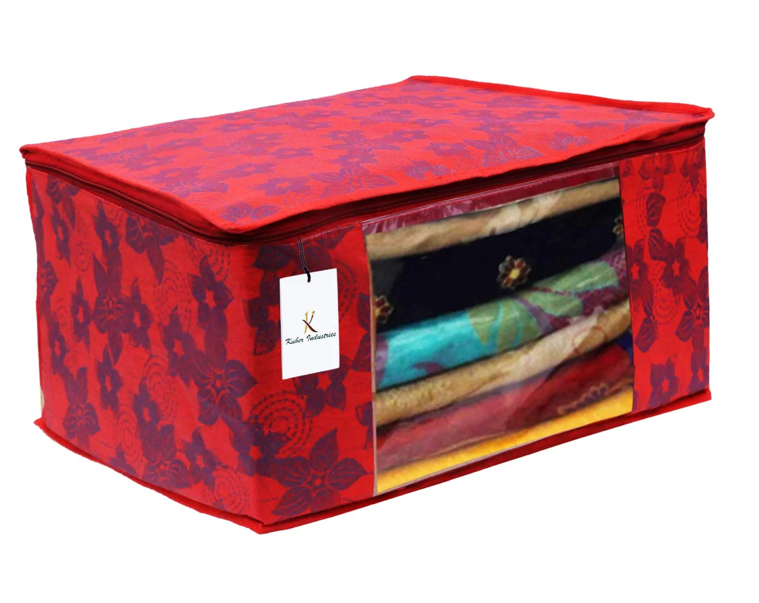 Kuber Industries Metallic Printed Non Woven 6 Pieces Saree Cover and 6 Pieces Underbed Storage Bag, Cloth Organizer for Storage, Blanket Cover Combo Set (Red) -CTKTC038558