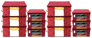 Kuber Industries Metallic Printed Non Woven 6 Pieces Saree Cover and 6 Pieces Underbed Storage Bag, Cloth Organizer for Storage, Blanket Cover Combo Set (Red) -CTKTC038558