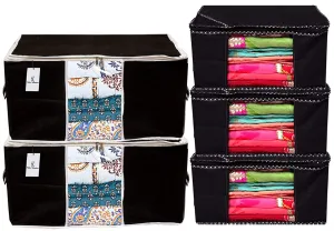 Kuber Industries Non Woven 3 Pieces Saree Cover and 2 Pieces Underbed Storage Bag, Cloth Organizer for Storage, Blanket Cover Combo Set (Black) -CTKTC038466