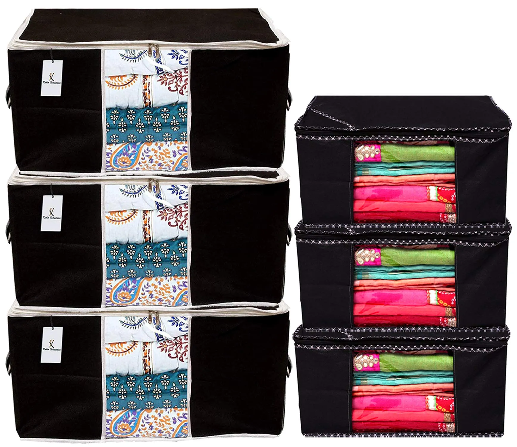 Kuber Industries Non Woven 3 Pieces Saree Cover and 3 Pieces Underbed Storage Bag, Cloth Organizer for Storage, Blanket Cover Combo Set (Black) -CTKTC038468