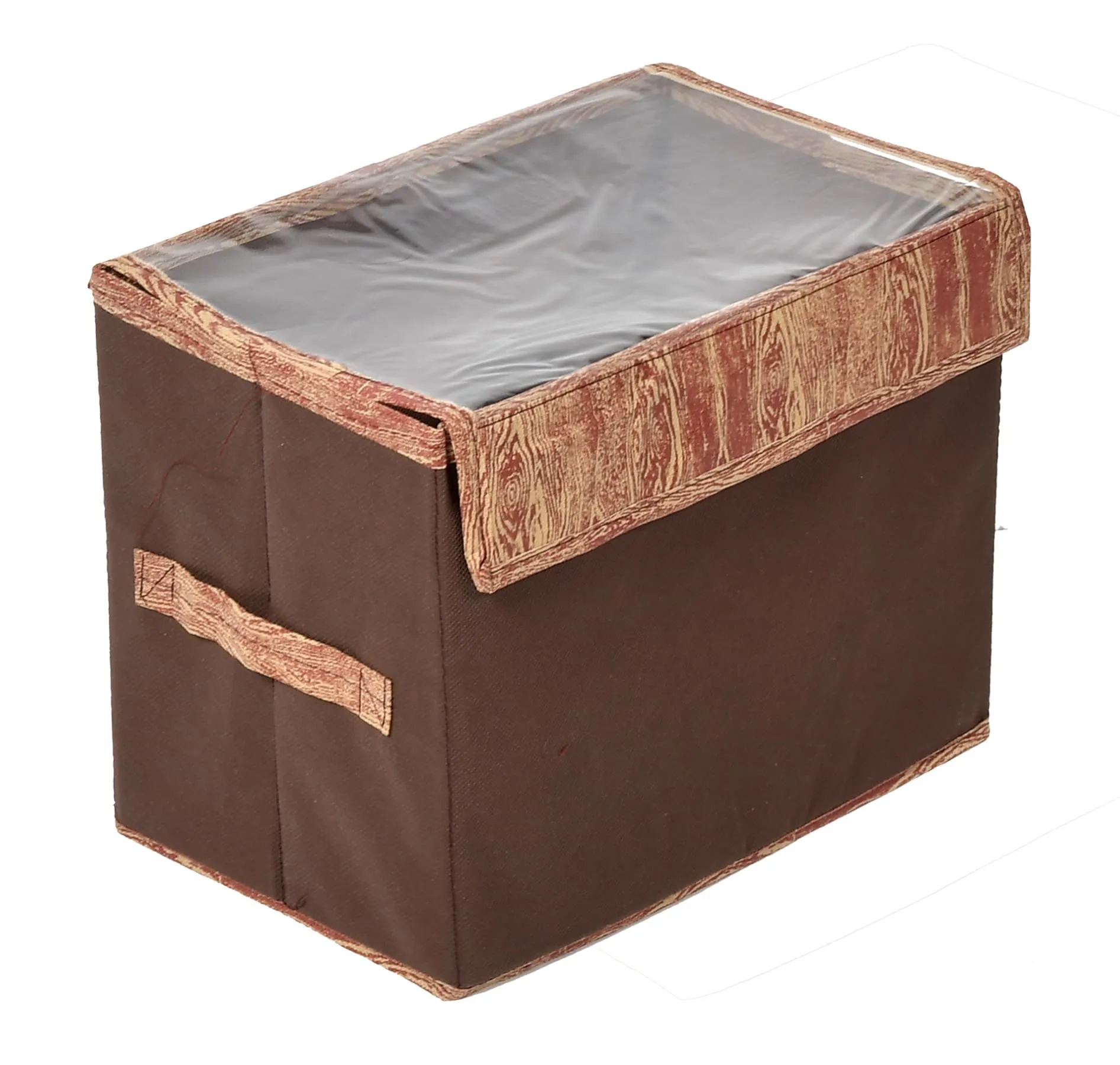 Kuber Industries Wooden Design Foldable Large Non-Woven Storage Box|Tranasparent Lid|Durable Handles|Size 44 x 27 x 30 CM (Brown) -44KM0442, Rectangular