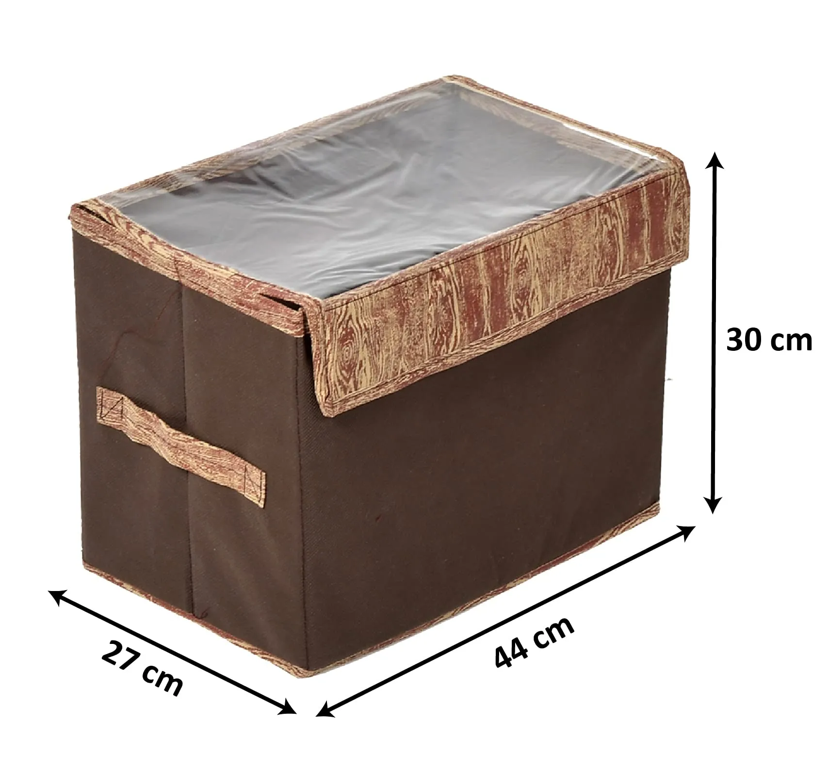 Kuber Industries Wooden Design Foldable Large Non-Woven Storage Box|Tranasparent Lid|Durable Handles|Size 44 x 27 x 30 CM (Brown) -44KM0442, Rectangular