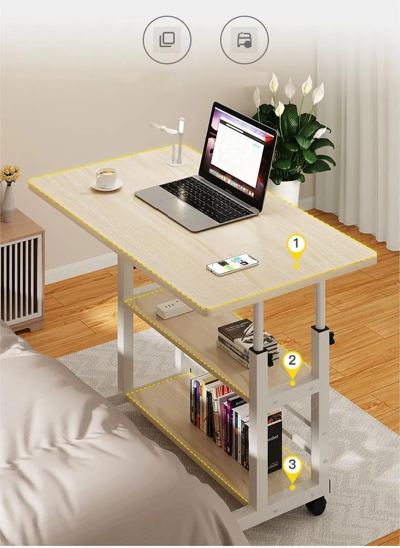 Kuber Industries Wooden Manual Height Adjustable Table for Work & Study with Wheels & Storage Shelf | Spacious Desk & Laptop Tables for Work from Home & Office | LF380MAP-Beige & White