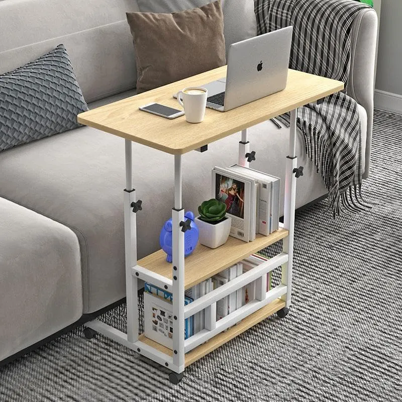 Kuber Industries Wooden Manual Height Adjustable Table for Work & Study with Wheels & Storage Shelf | Spacious Desk & Laptop Tables for Work from Home & Office | LF380MAP-Beige & White