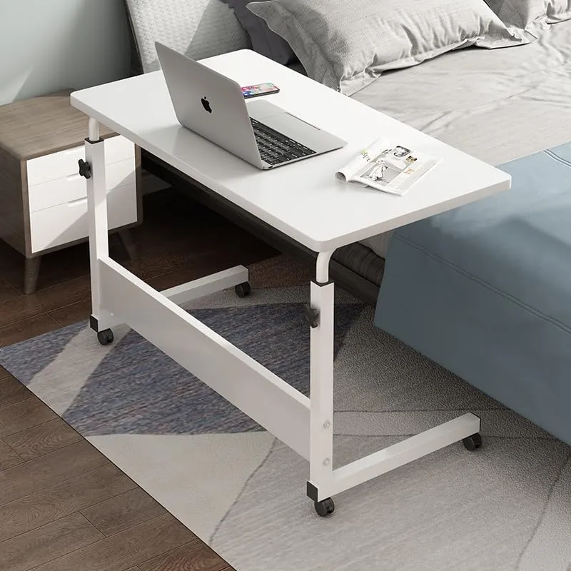 Kuber Industries Wooden Manual Height Adjustable Table for Work & Study with Wheels | Rectangular Spacious Desk & Laptop Tables for Work from Home & Office | 60460WTE-Plain White