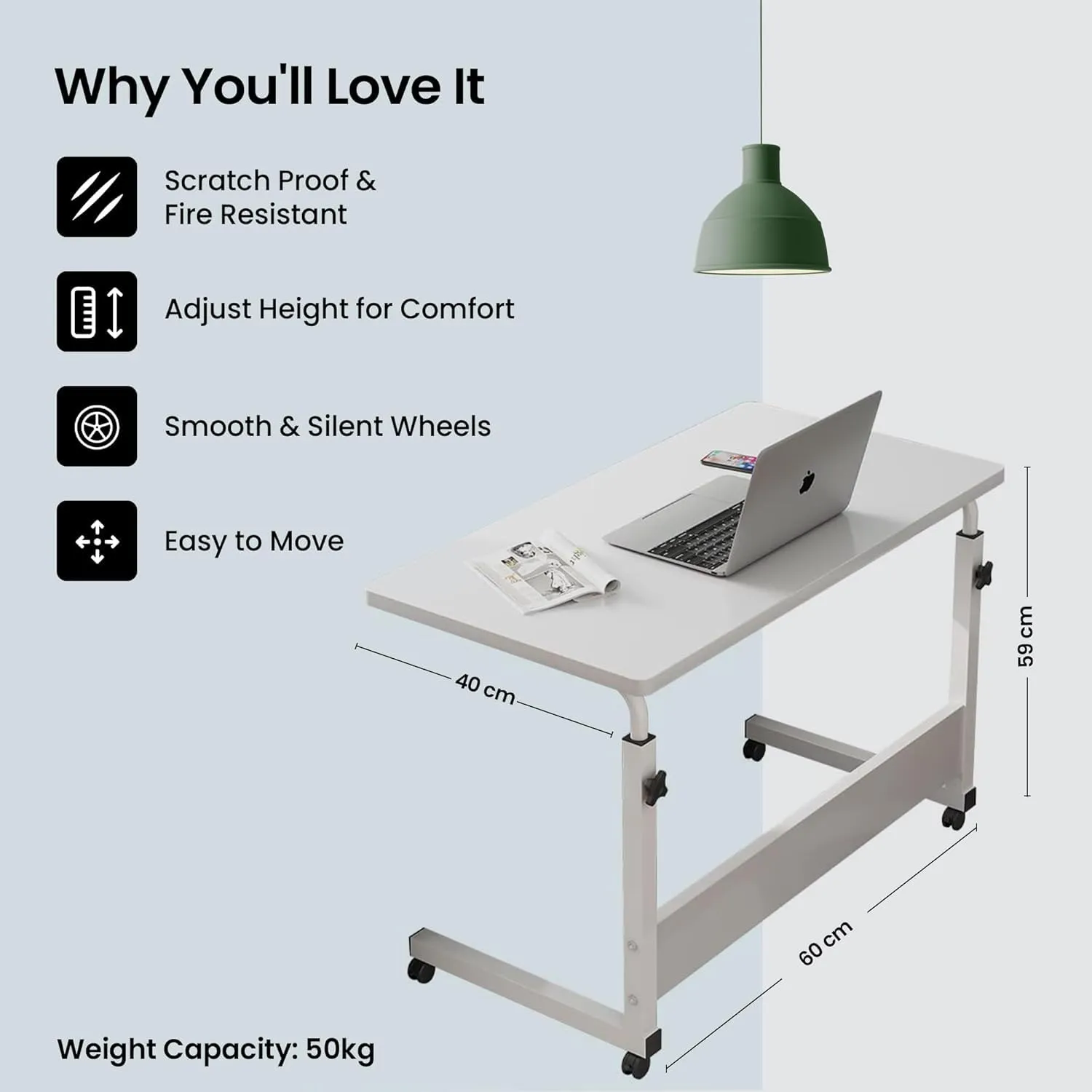 Kuber Industries Wooden Manual Height Adjustable Table for Work & Study with Wheels | Rectangular Spacious Desk & Laptop Tables for Work from Home & Office | 60460WTE-Plain White