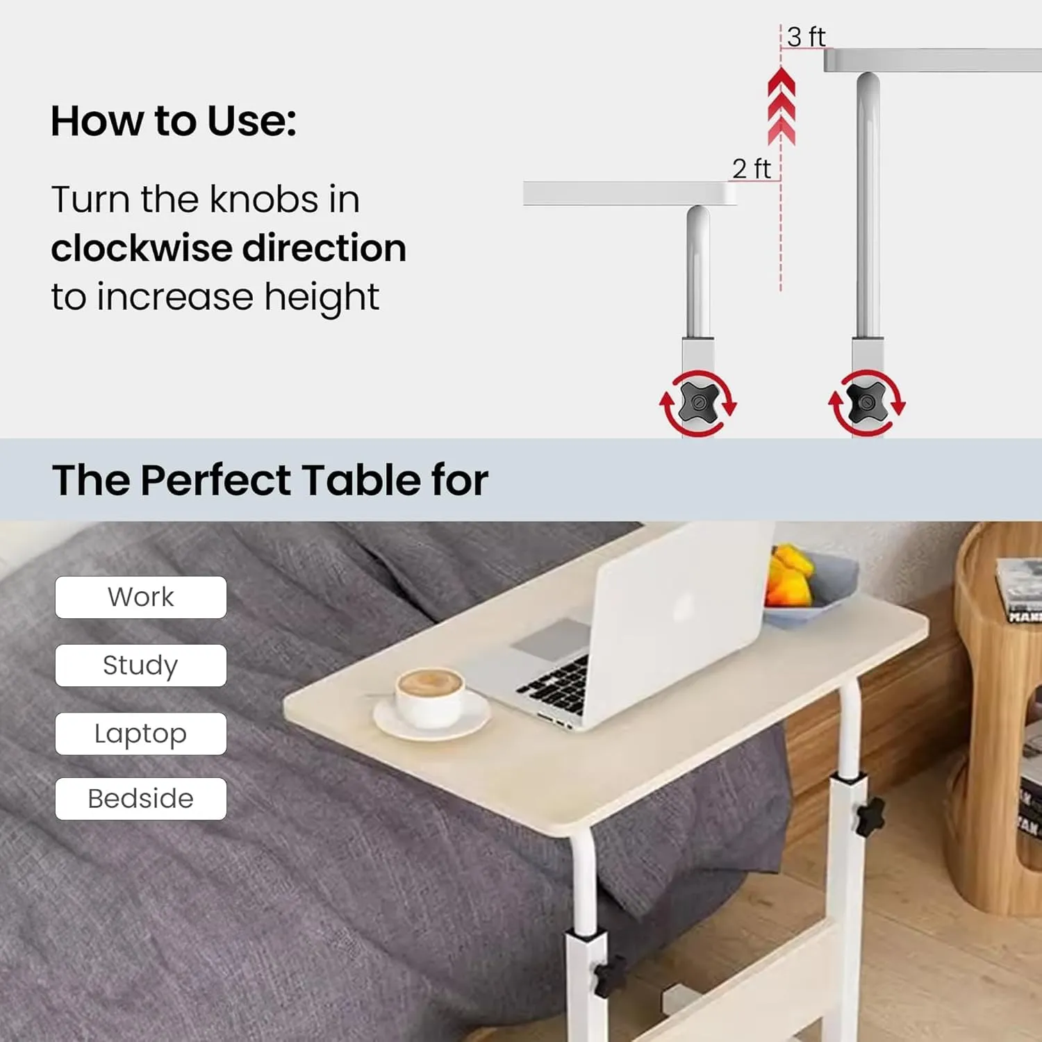 Kuber Industries Wooden Manual Height Adjustable Table for Work & Study with Wheels | Rectangular Spacious Desk & Laptop Tables for Work from Home & Office | 60460WTE-Plain White