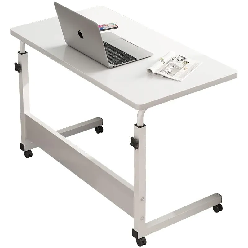 Kuber Industries Wooden Manual Height Adjustable Table for Work & Study with Wheels | Rectangular Spacious Desk & Laptop Tables for Work from Home & Office | 60460WTE-Plain White