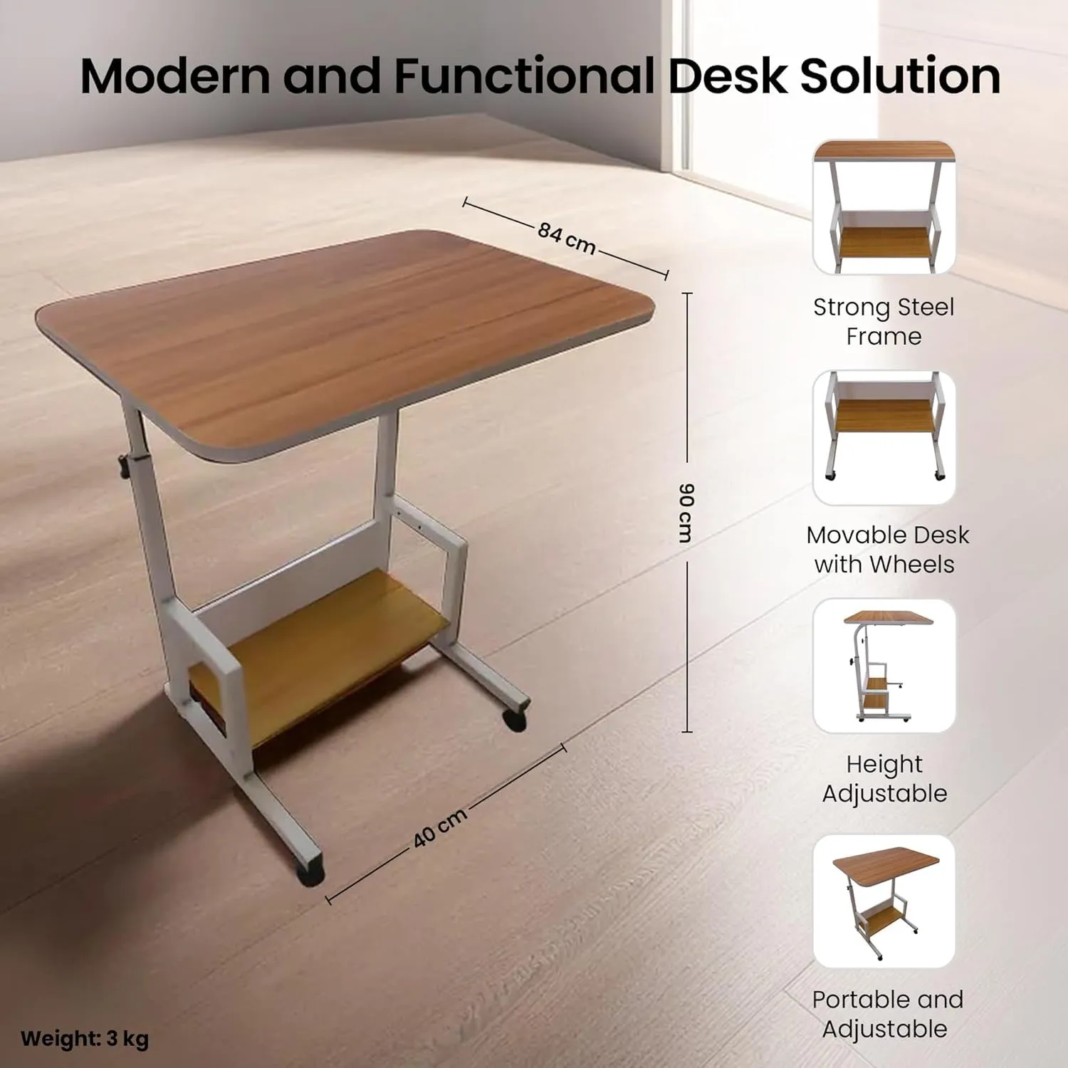 Kuber Industries Wooden Manual Height Adjustable Table for Work & Study with Wheels | Rectangular Spacious Desk & Laptop Tables for Work from Home & Office | LF260WANT-Brown Strokes