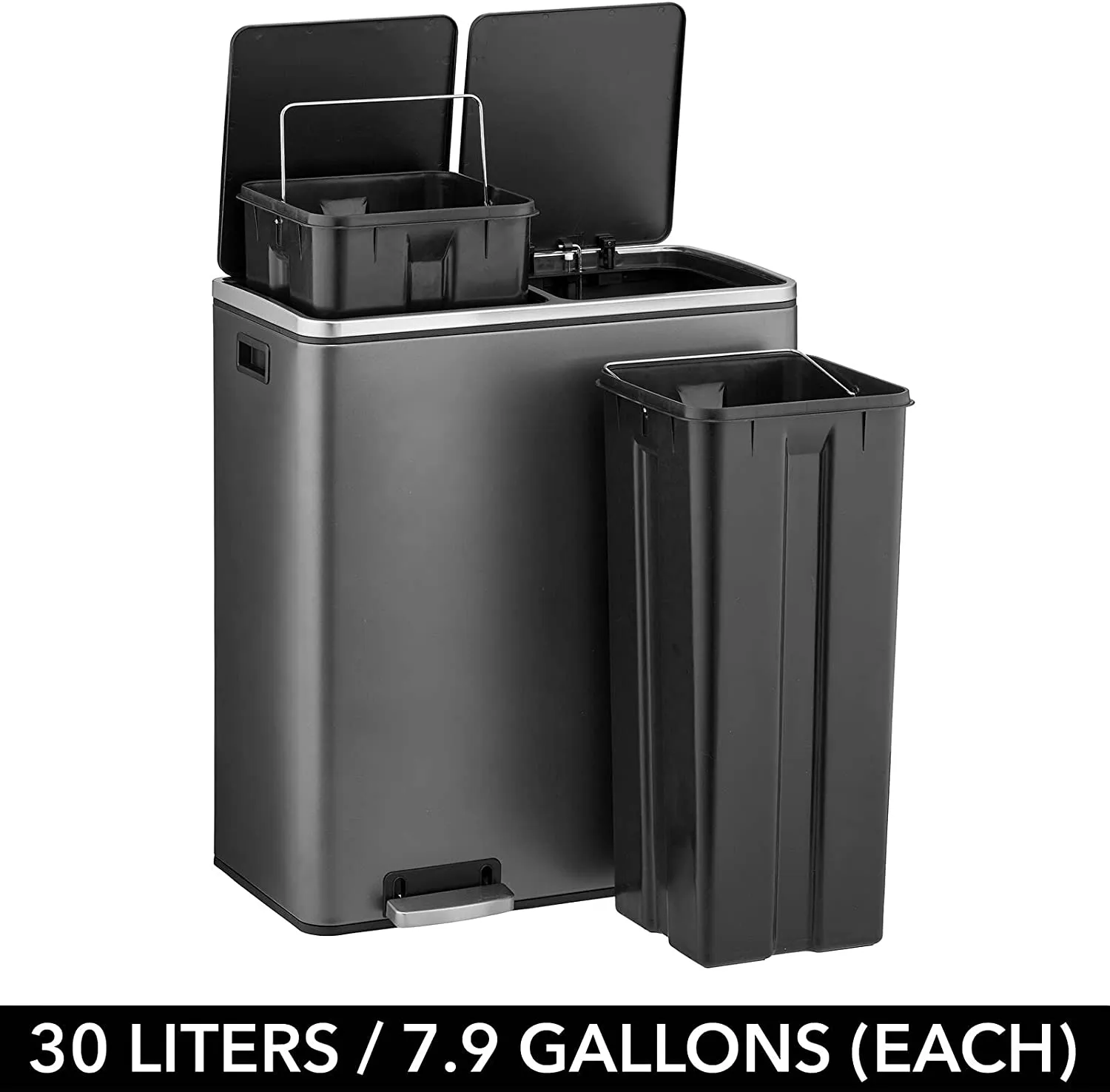 Large Dual Compartment Step Trash Can, Metal Steel 16 Gallon/60L