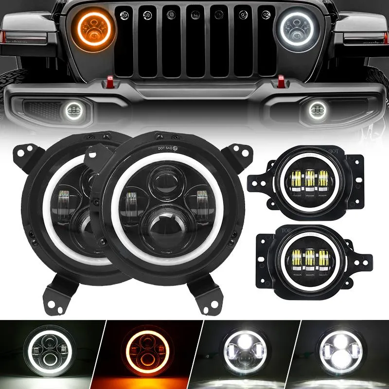 LED Halo Headlights with Turn Signals   9'' Headlight Bracket & LED Halo Fog Lights For 2018  Jeep Wrangler JL And Gladiator JT