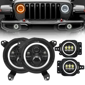 LED Halo Headlights with Turn Signals   9'' Headlight Bracket & LED Halo Fog Lights For 2018  Jeep Wrangler JL And Gladiator JT