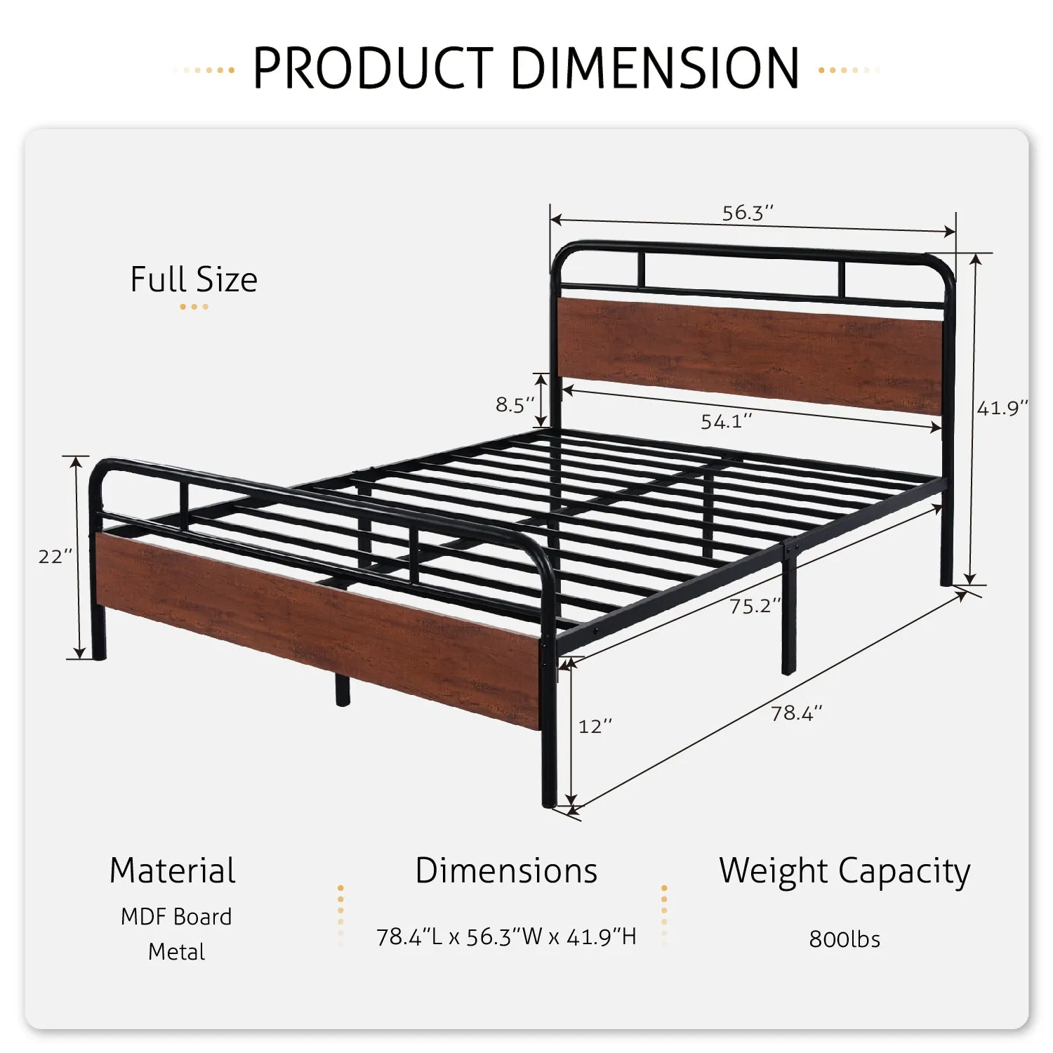 Metal Platform Bed Frame with Modern Wood Headboard, Round Framework Design