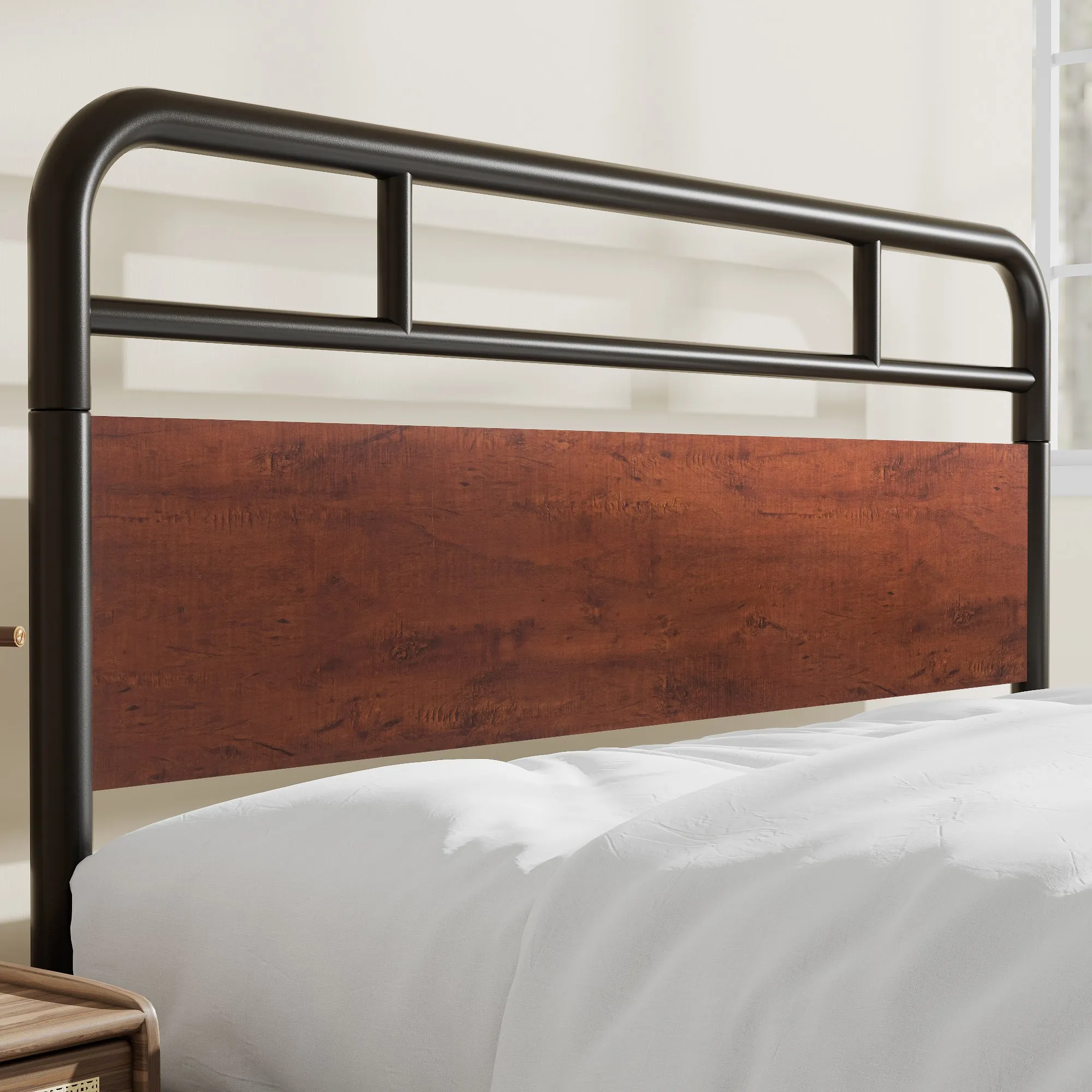 Metal Platform Bed Frame with Modern Wood Headboard, Round Framework Design