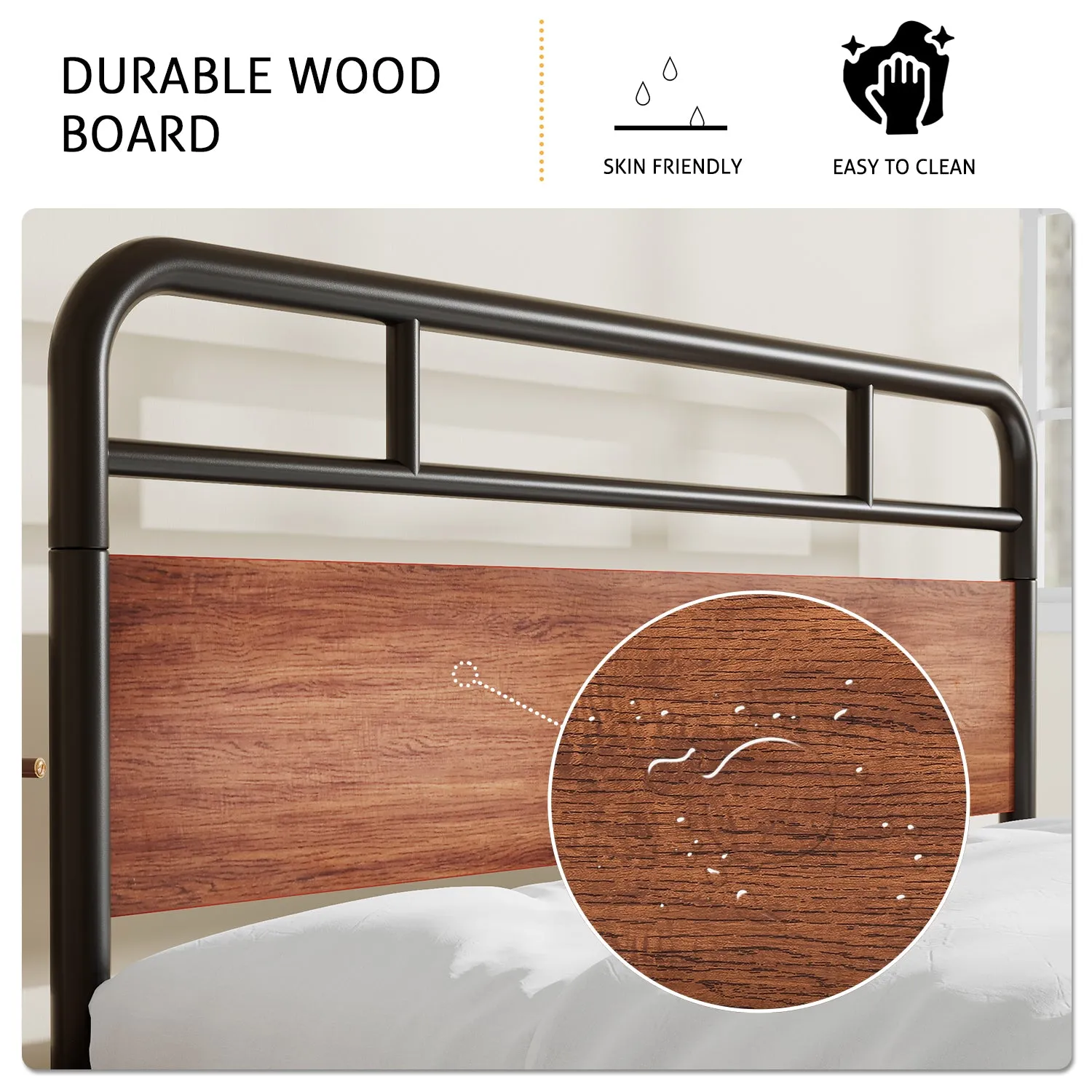 Metal Platform Bed Frame with Modern Wood Headboard, Round Framework Design