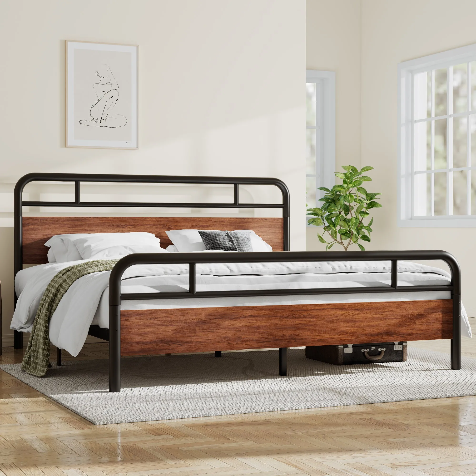 Metal Platform Bed Frame with Modern Wood Headboard, Round Framework Design