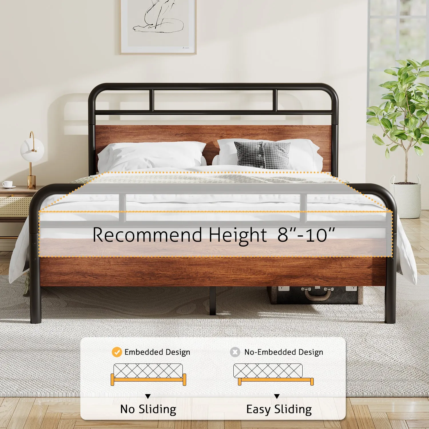 Metal Platform Bed Frame with Modern Wood Headboard, Round Framework Design