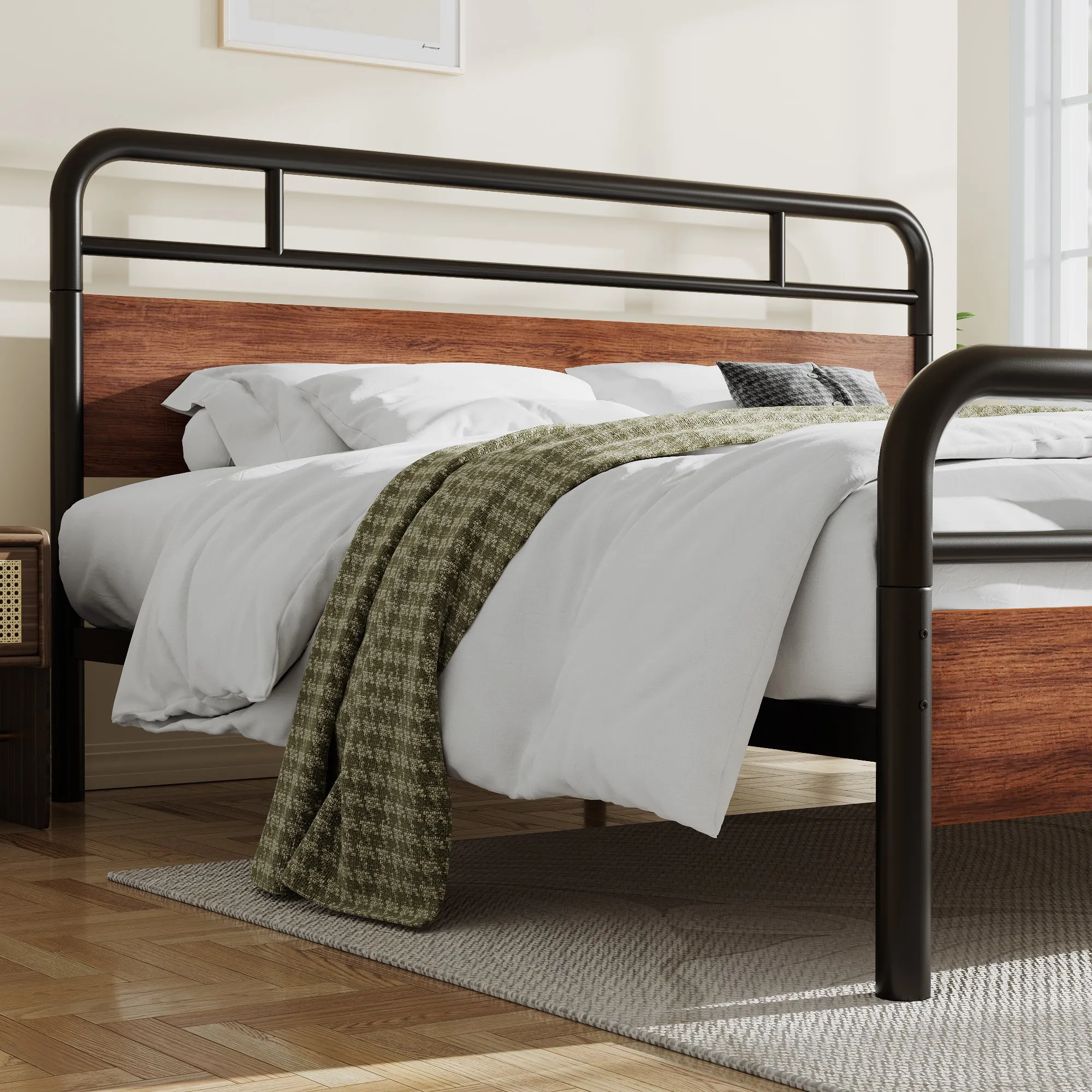 Metal Platform Bed Frame with Modern Wood Headboard, Round Framework Design