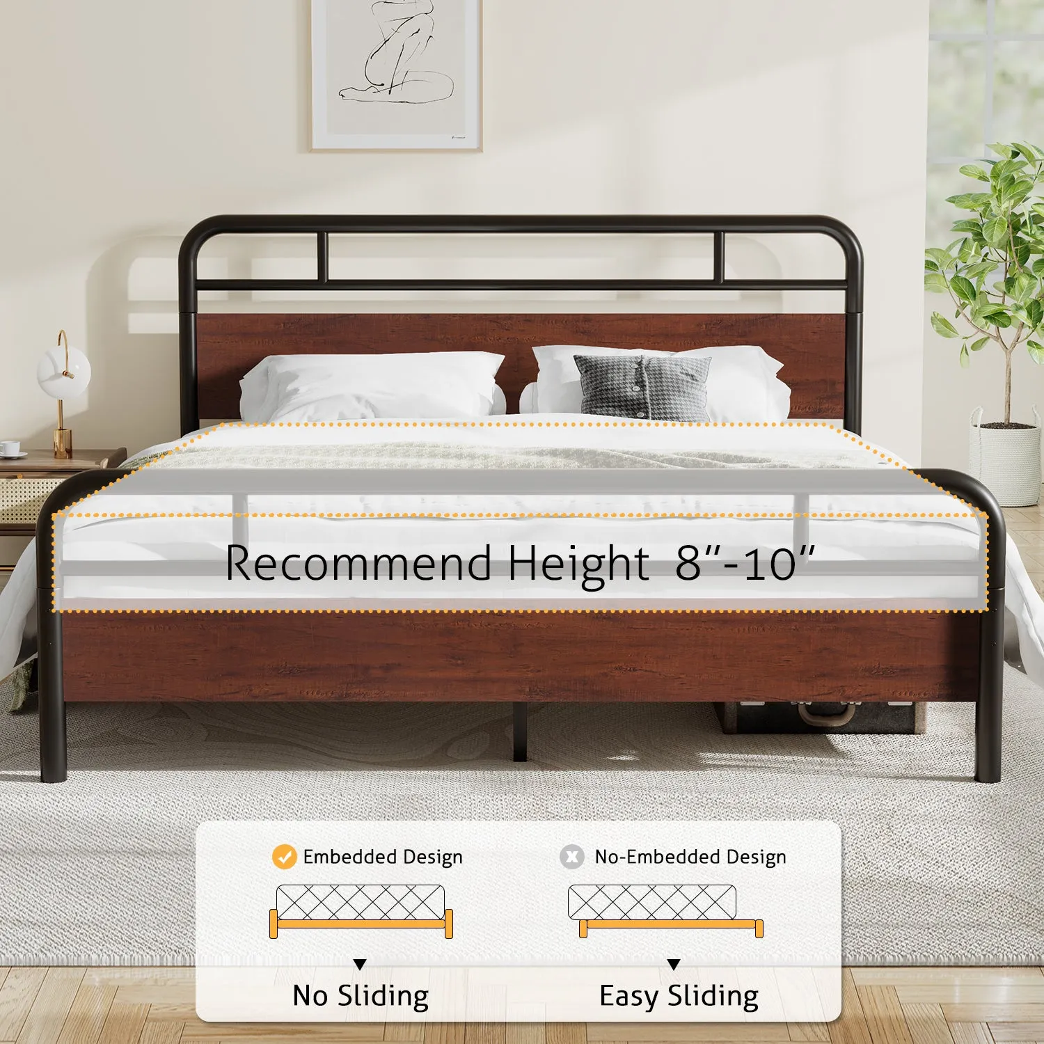 Metal Platform Bed Frame with Modern Wood Headboard, Round Framework Design