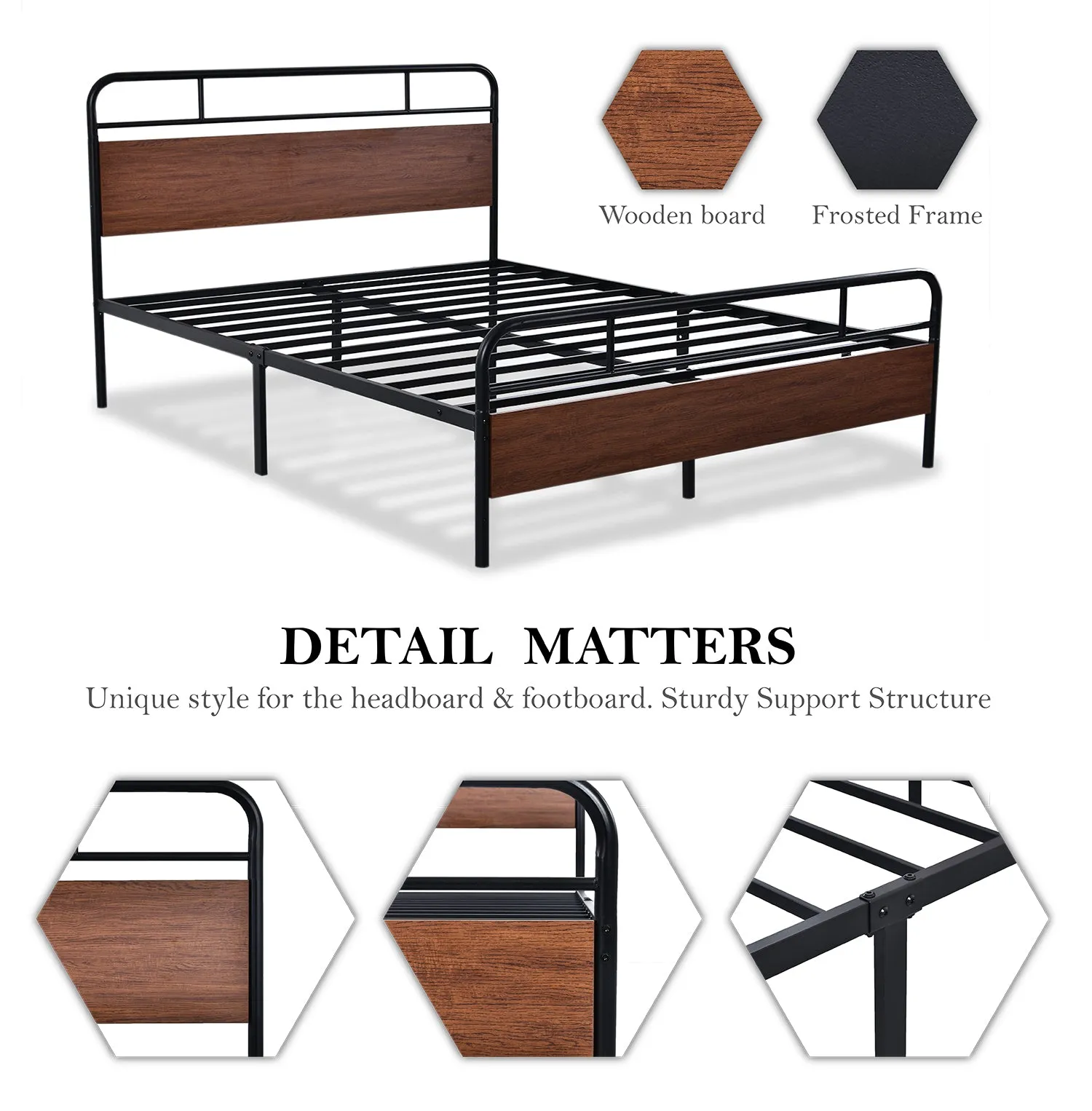 Metal Platform Bed Frame with Modern Wood Headboard, Round Framework Design