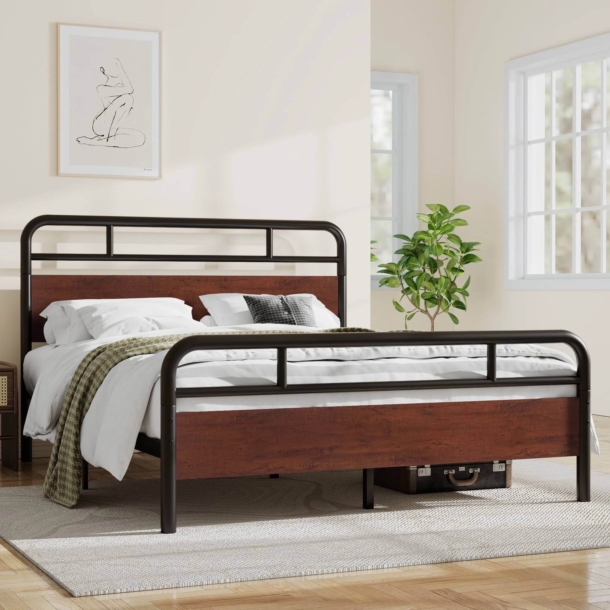 Metal Platform Bed Frame with Modern Wood Headboard, Round Framework Design