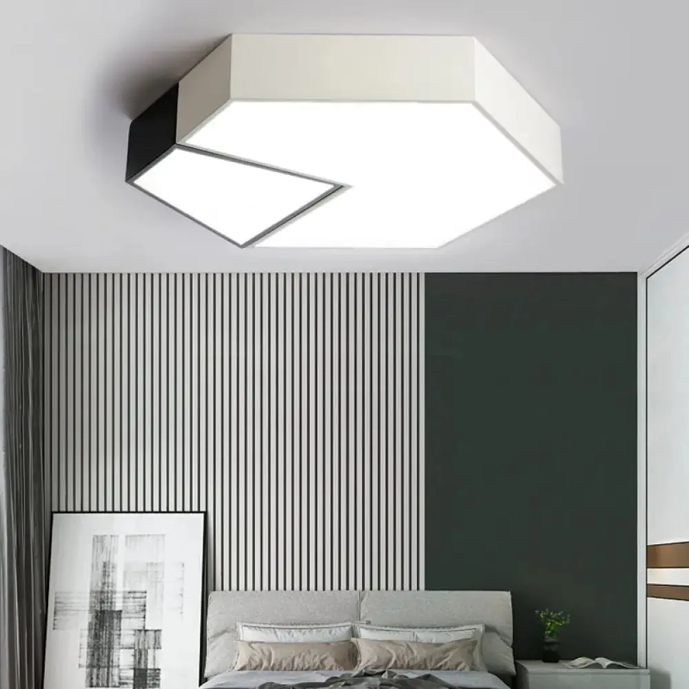 Modern Black and White Hexagon Ceiling Light, Acrylic Shade Mount Fixture, White Light, 11"/15"/19" Dia - Perfect for Living Room