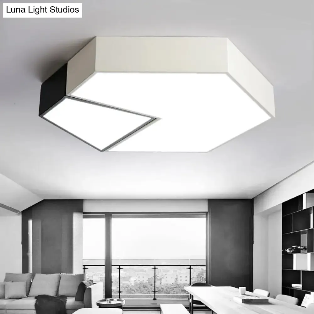 Modern Black and White Hexagon Ceiling Light, Acrylic Shade Mount Fixture, White Light, 11"/15"/19" Dia - Perfect for Living Room