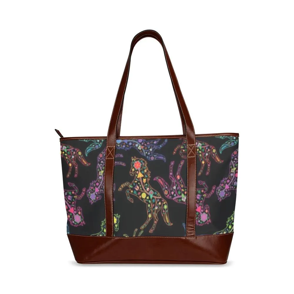 Neon Floral Horses Tote Handbag