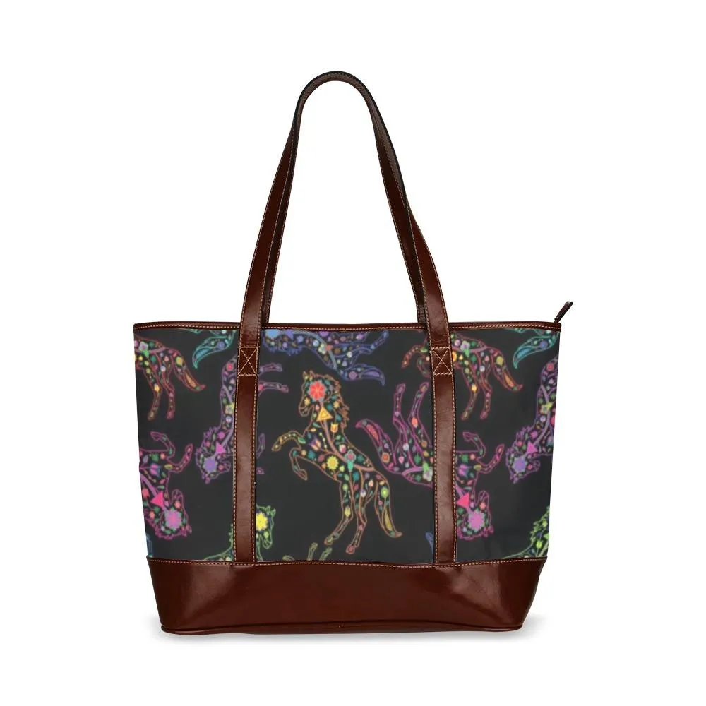 Neon Floral Horses Tote Handbag