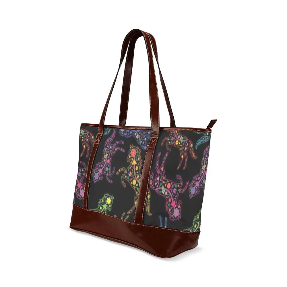 Neon Floral Horses Tote Handbag