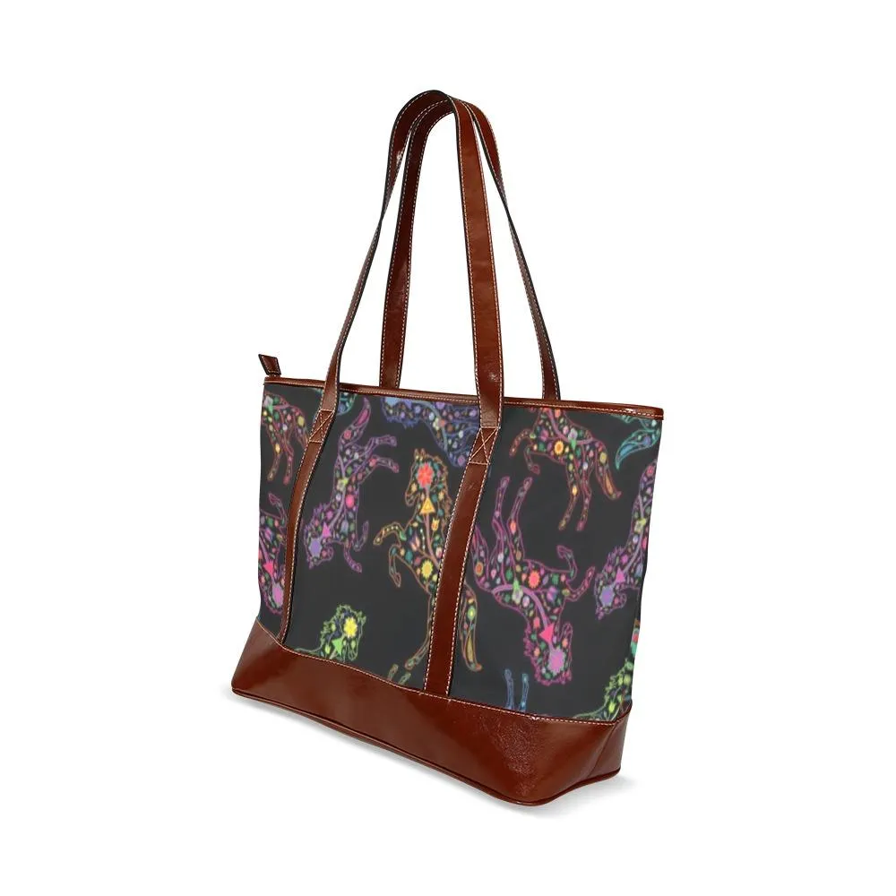 Neon Floral Horses Tote Handbag