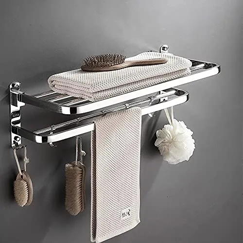 OSLEN Stainless Steel Dual Foldable Towel Rack for Bathroom Wall Mounted/Towel Stand/Adjustable Towel Hooks and Towel Bar/Hanger/Bathroom Accessories (Mirror Finish)