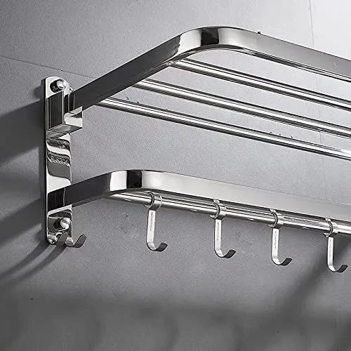 OSLEN Stainless Steel Dual Foldable Towel Rack for Bathroom Wall Mounted/Towel Stand/Adjustable Towel Hooks and Towel Bar/Hanger/Bathroom Accessories (Mirror Finish)