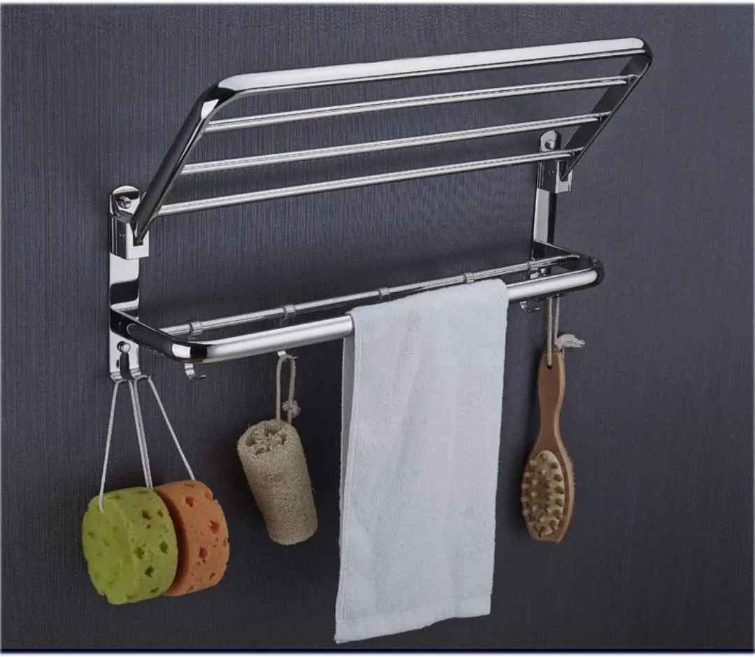 OSLEN Stainless Steel Dual Foldable Towel Rack for Bathroom Wall Mounted/Towel Stand/Adjustable Towel Hooks and Towel Bar/Hanger/Bathroom Accessories (Mirror Finish)