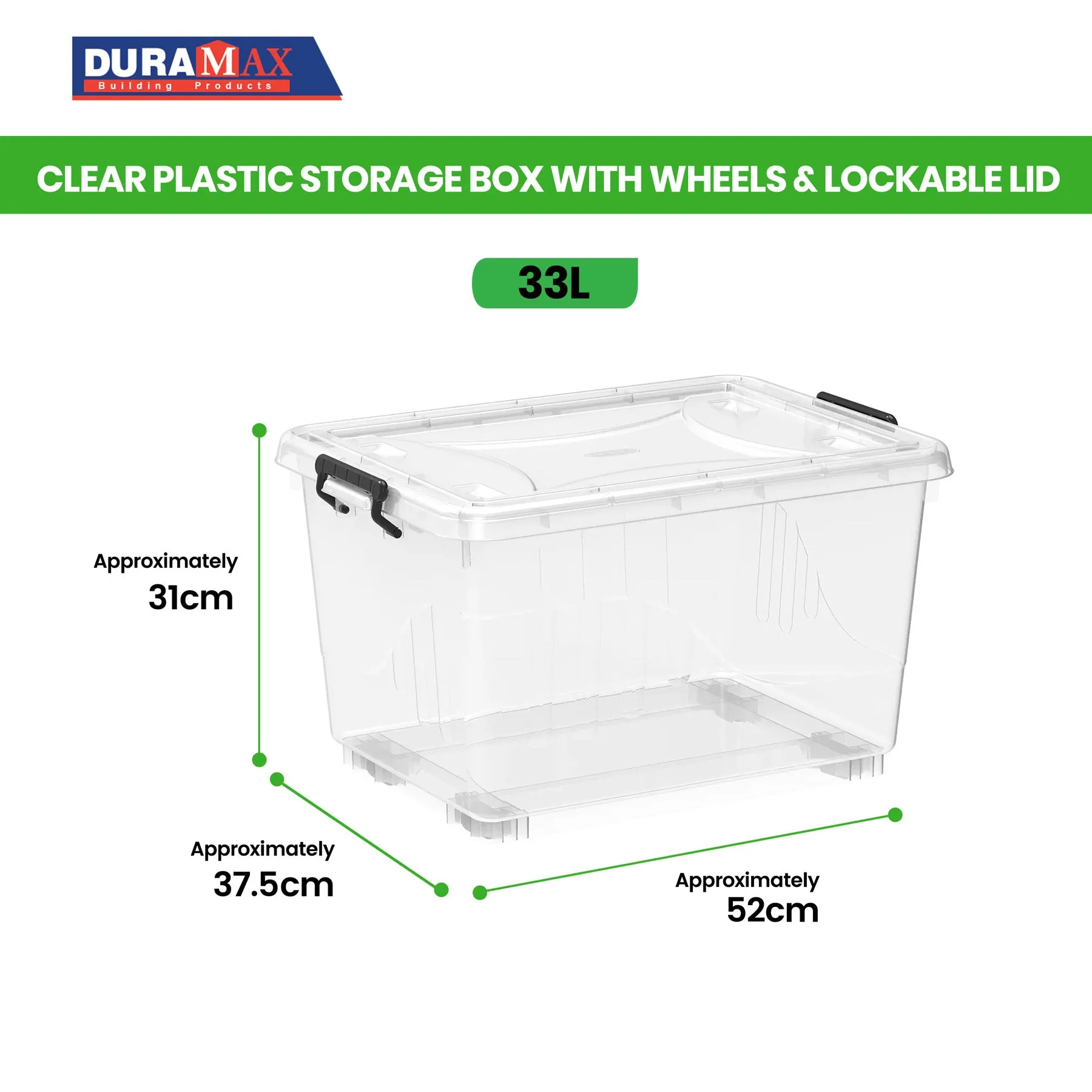 Plastic Storage Box with Wheels & Lockable Lid 33L (Transparent)