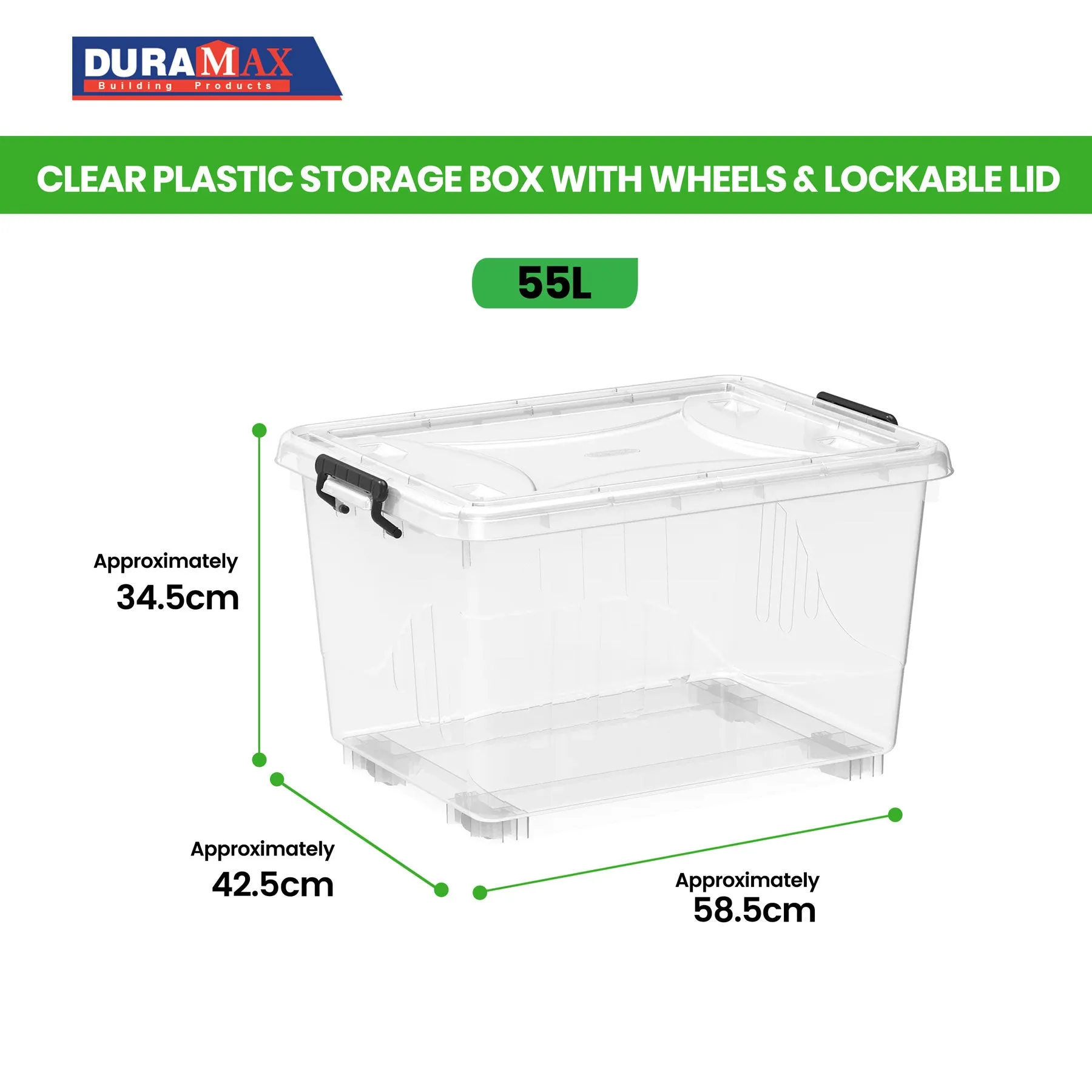 Plastic Storage Box with Wheels & Lockable Lid 55L (Transparent)