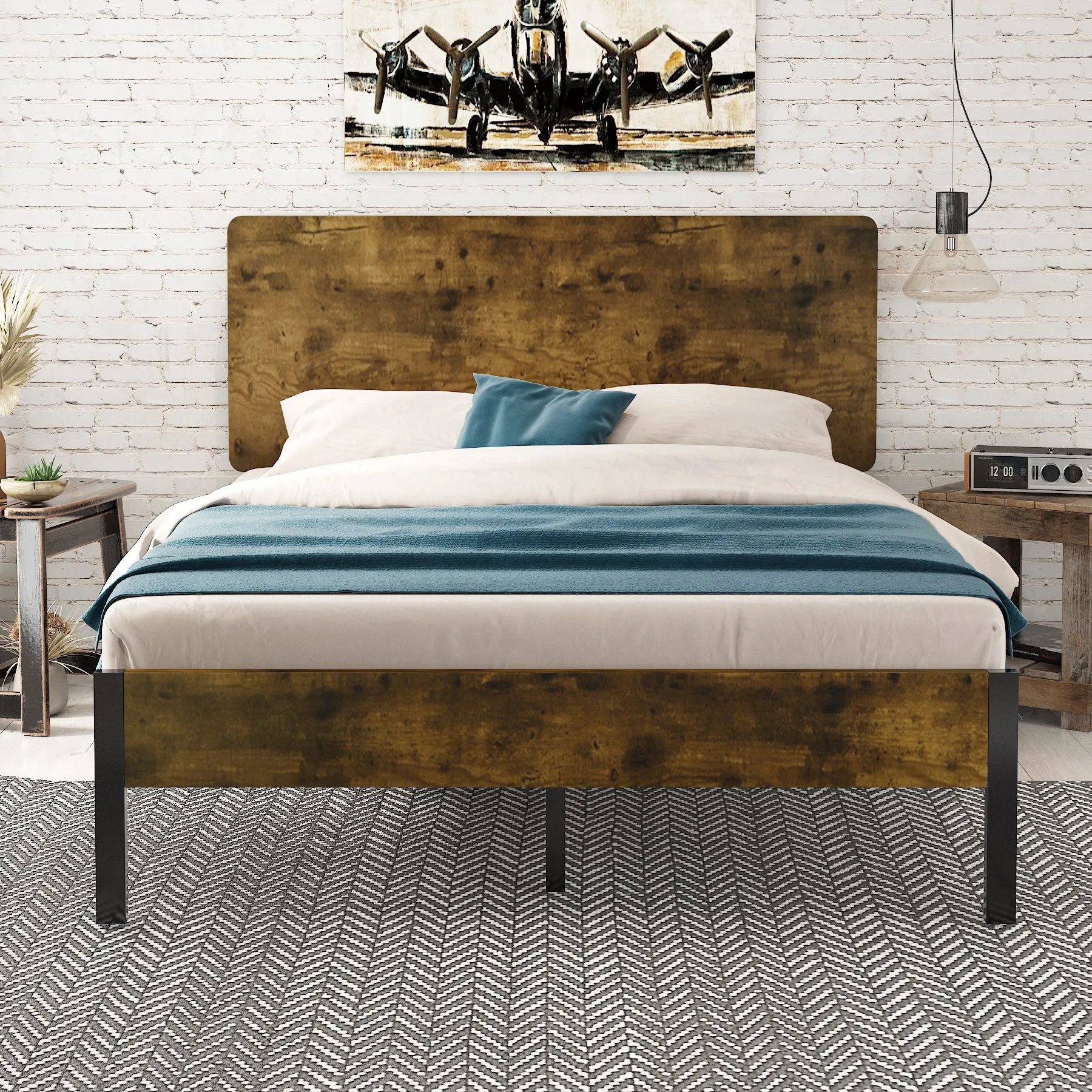 Platform Bed Frame with Wood headboard and Metal Slats/Rustic Country Style Mattress Foundation