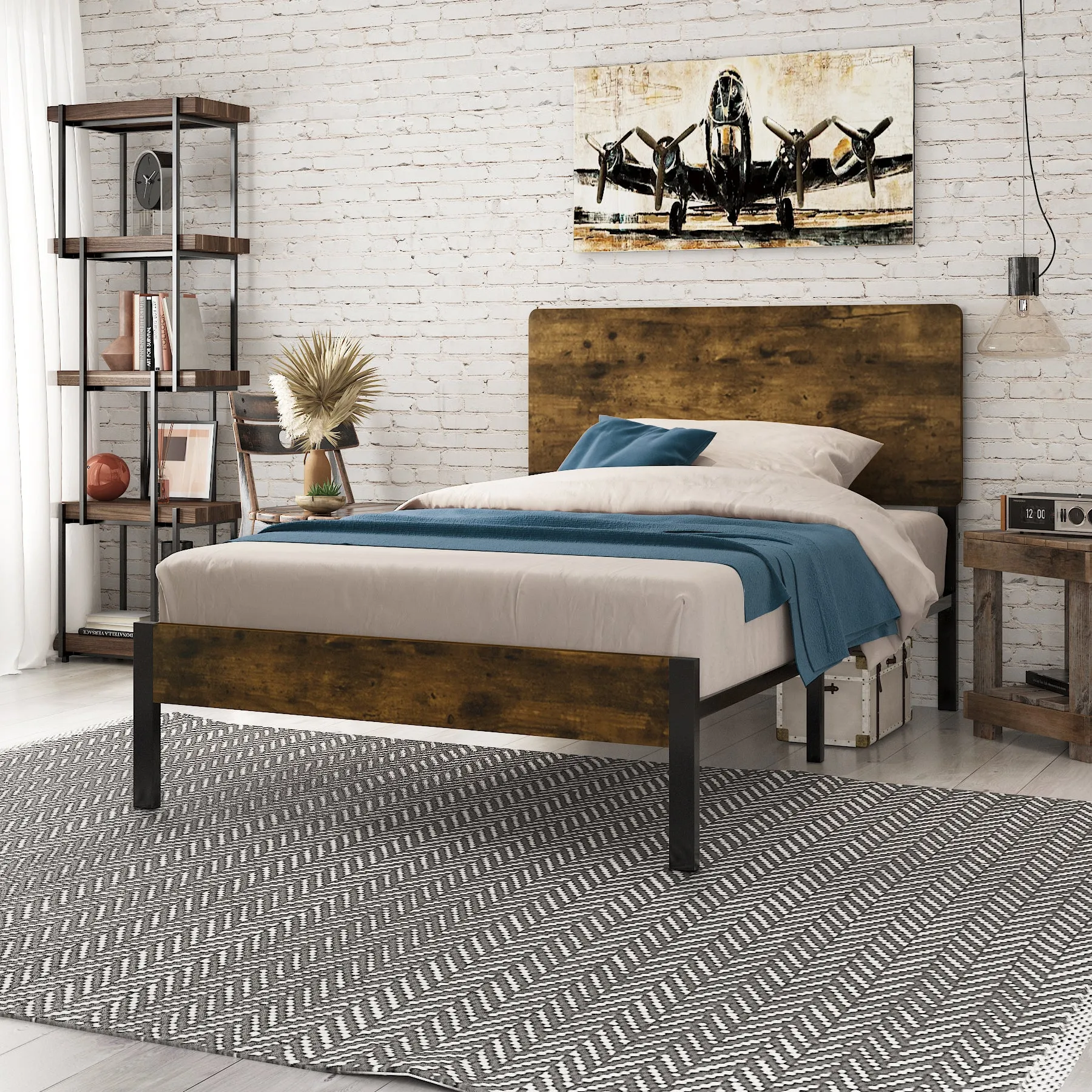 Platform Bed Frame with Wood headboard and Metal Slats/Rustic Country Style Mattress Foundation