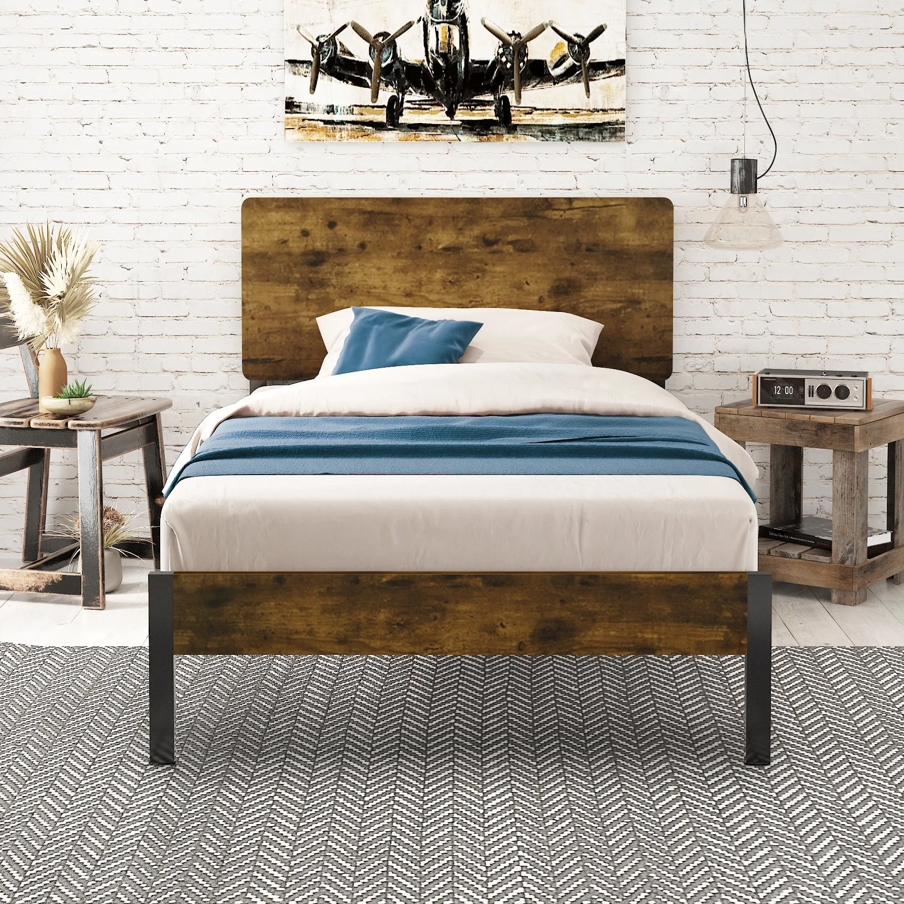 Platform Bed Frame with Wood headboard and Metal Slats/Rustic Country Style Mattress Foundation