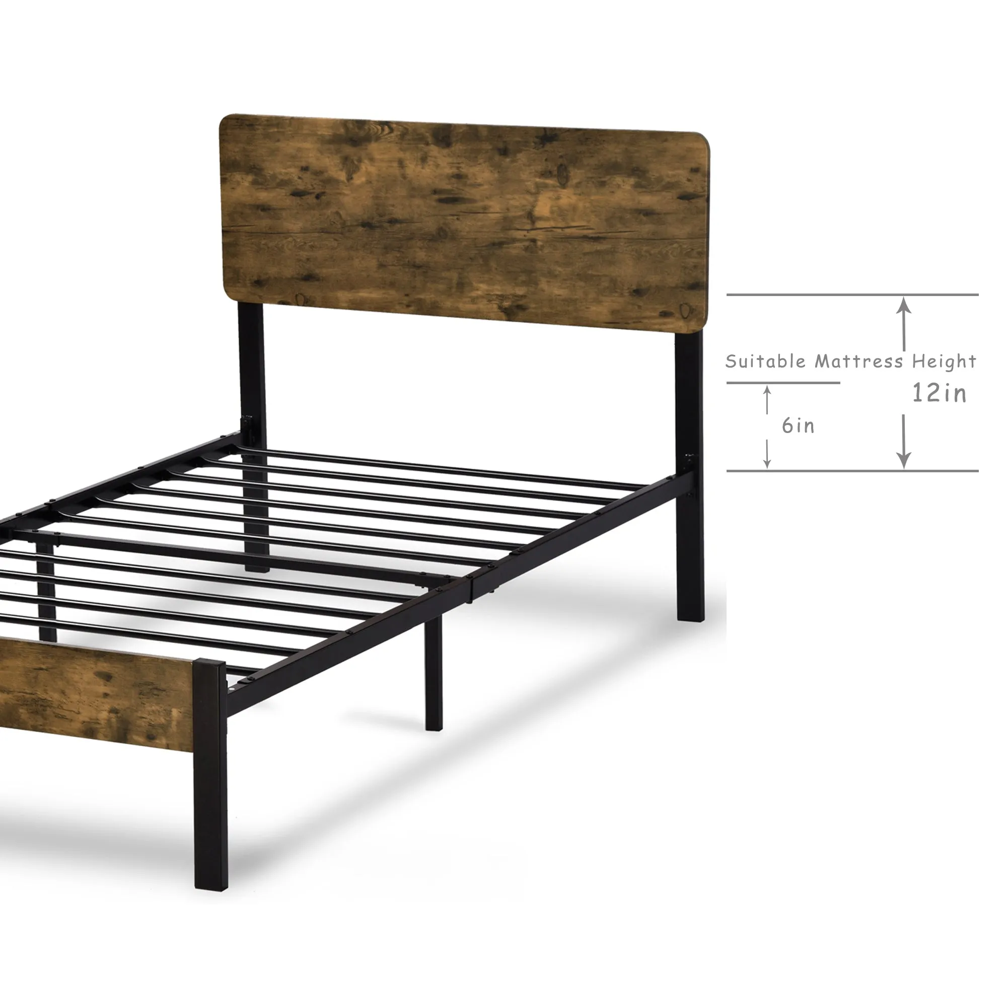 Platform Bed Frame with Wood headboard and Metal Slats/Rustic Country Style Mattress Foundation